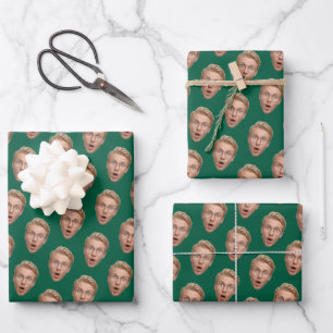 Lustiges Gesicht Grün Benutzerdefiniertes Foto Geb Geschenkpapier Set