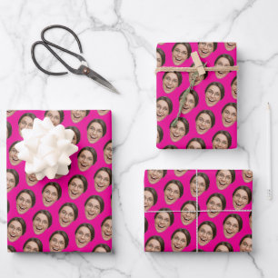 Lustiges Gesicht Rosa Benutzerdefiniertes Foto Geb Geschenkpapier Set