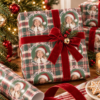 Lustiges Gesichtsfoto Tartan Frohe Weihnachten Rot Geschenkpapier