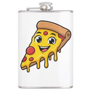 Lustiges glückliches Pizzastück mit dehnbarem Käse Flachmann