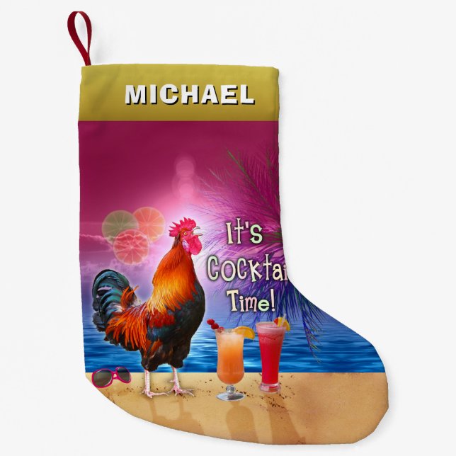 Lustiges Hahn-Huhn-Cocktail-tropischer Strand-Name Kleiner Weihnachtsstrumpf (Vorderseite)