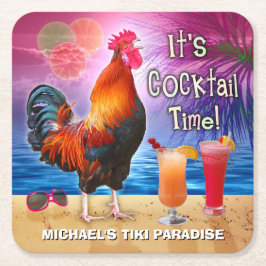 Lustiges Hahn-Huhn-Cocktail-tropischer Strand-Name Rechteckiger Pappuntersetzer