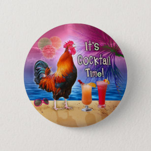 Lustiges Hahn-Huhn, das tropisches Strand-Meer Button