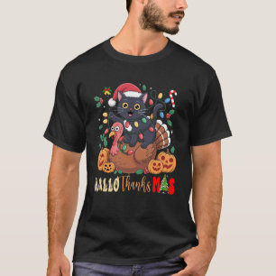 Lustiges HalloThanksMas Schwarze Katzen-Santa-Mütz T-Shirt