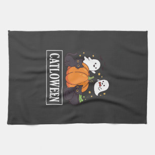Lustiges Halloween-Katz-Geist-Kürbis-Design Catlow Geschirrtuch