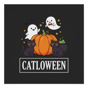 Lustiges Halloween-Katz-Geist-Kürbis-Design Catlow Poster