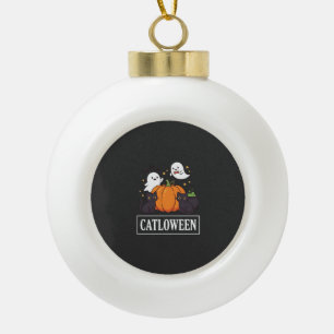 Lustiges Halloween-Katz-Geister-Kürbis-Design Catl Keramik Kugel-Ornament