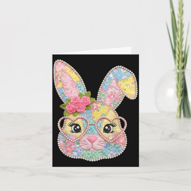 Lustiges Hasengesicht Brille Blumen Patchwork Kani Karte (Vorderseite)