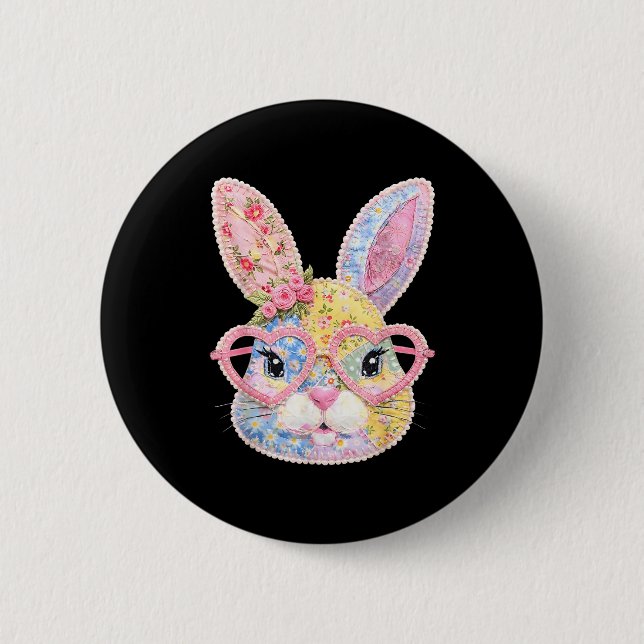 Lustiges Hasengesicht Gles Floral Patchwork Kaninc Button (Vorderseite)