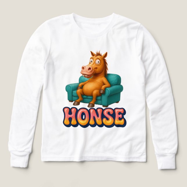 Lustiges Honse Meme Pferd sitzt auf Sofa Kinder T- (Design Vorderseite)