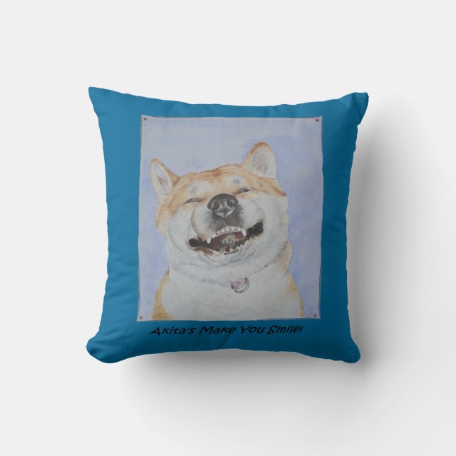 lustiges Hundbild von akita lächeln mit Slogan Kissen (Vorderseite)