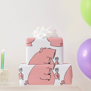 Lustiges hungriges Schwein hält Gabel und Messer Geschenkpapier