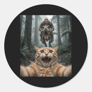 Lustiges Katzen-Selfie Bigfoot Reitet T Rex Waldja Runder Aufkleber