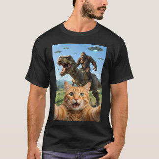 Lustiges Katzen-Selfie mit Bigfoot auf T-Rex T-Shirt