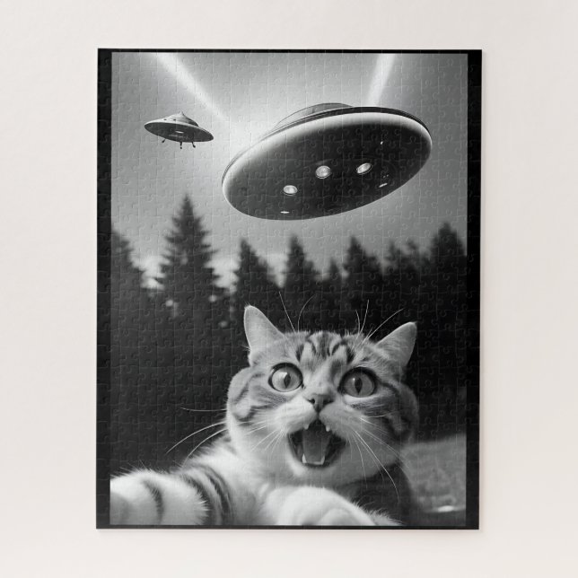 Lustiges Katzen-Selfie mit UFO-Alien-Drohnen (Vertikal)