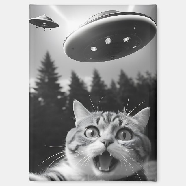 Lustiges Katzen-Selfie mit UFO-Alien-Drohnen Magnet (Vorderseite)