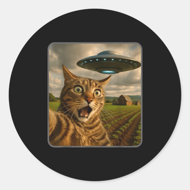Lustiges Katzen-Selfie mit UFO-Alien-Meme  Runder Aufkleber (Vorderseite)