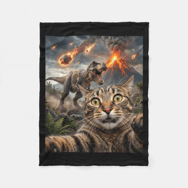 Lustiges Katzen-Selfie T-Rex Dinosaurier Fleecedecke (Vorderseite)