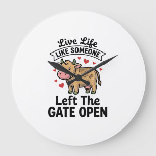 Lustiges Kuh-Tor-öffnen-Vintage-Stich-Shirt-Design Große Wanduhr