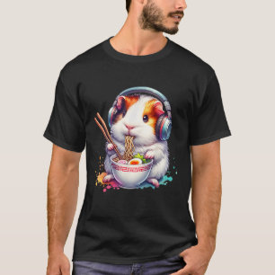 Lustiges Meerschweinchen hört Musik und isst T-Shirt