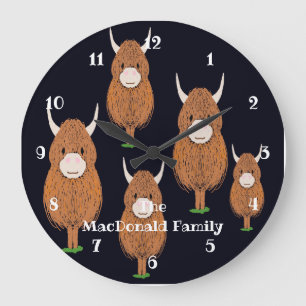 Lustiges Monogramm Schottische Highland-Kuh Große Wanduhr