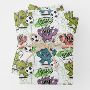 Lustiges Monster-Fußball-Kinder-Muster Geschenkpapier Set