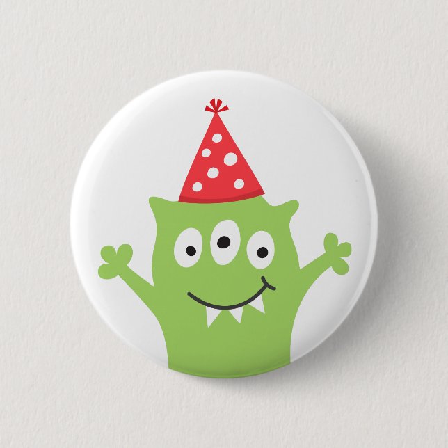 Lustiges Monster mit rotem Partyhut Button (Vorderseite)