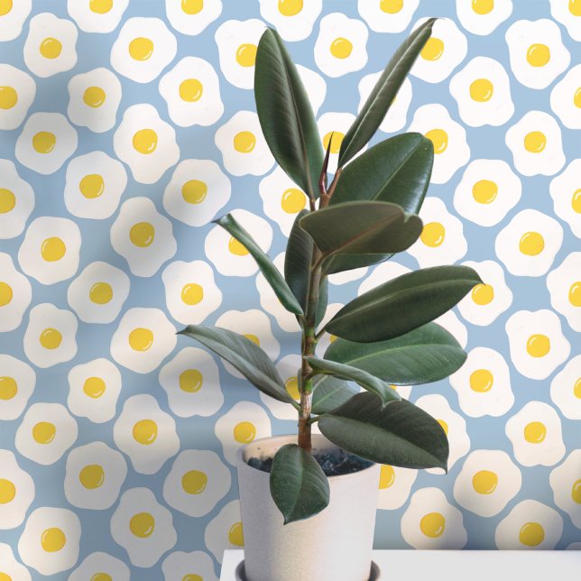Lustiges Muster mit gebratenen Eiern in Türkisblau Tapete (Fun fried egg food art peel and stick wallpaper for kitchen, diner, cafe or restaurant)