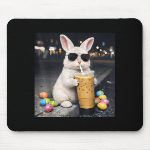 Lustiges Osterhasen-Kaninchen trinkt eisgekühlten Mousepad