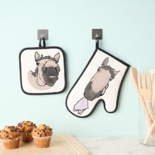 Lustiges Pferdeliebhaber-Geschenk Whimsical House Ofenhandschuh & Topflappen-Set