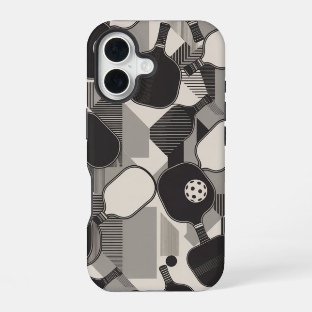 Lustiges Pickleball-Graustufen-Paddle-Muster iPhone 16 Hülle (Rückseite)