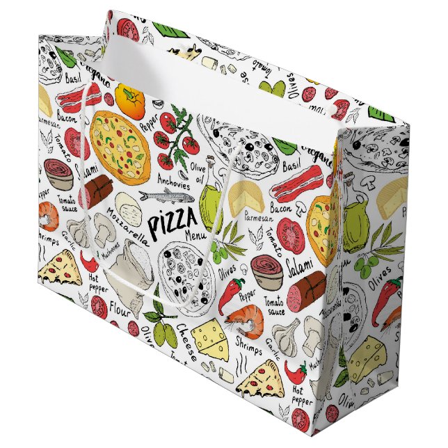 Lustiges Pizza-Party-Muster Große Geschenktüte (Vorderseite Schrägansicht)