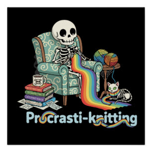 Lustiges Prokrastinationsstrick-Skelett und Katze  Poster