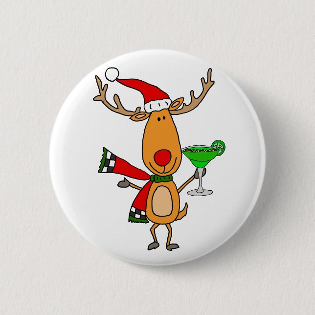 Lustiges Ren, das Margarita-Weihnachtskunst trinkt Button (Vorderseite)