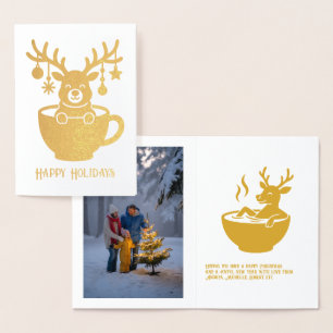 Lustiges Rentier in einem Weihnachtsbecher Gold Folienkarte