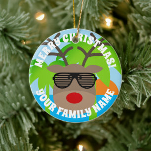 Lustiges Rentier mit Sonnenbrille tropisches Weihn Keramik Ornament