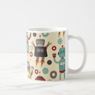 Lustiges Retro-Roboter-Illustrationsmuster (Creme) Kaffeetasse
