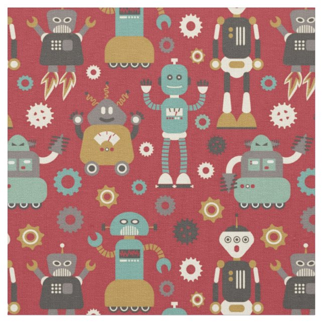 Lustiges Retro-Roboter-Illustrationsmuster (Rot) Stoff (Nahaufnahme)