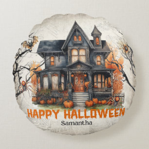 Lustiges Retro-Spooky-Halloween-Spukhaus Rundes Kissen