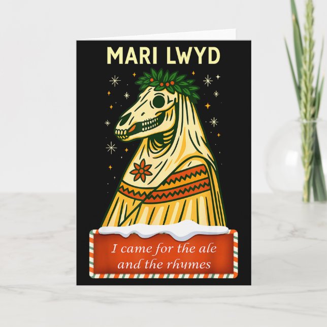 Lustiges Retro-Volksgutskelettpferd Mari Lwyd Yule Karte (Vorderseite)