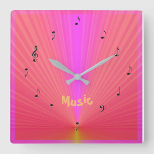 Lustiges Rosa Orange mit Noten> Musikuhren Quadratische Wanduhr