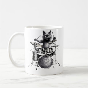 Lustiges Schlagzeugerinnen Schwarze Katze spielt S Kaffeetasse