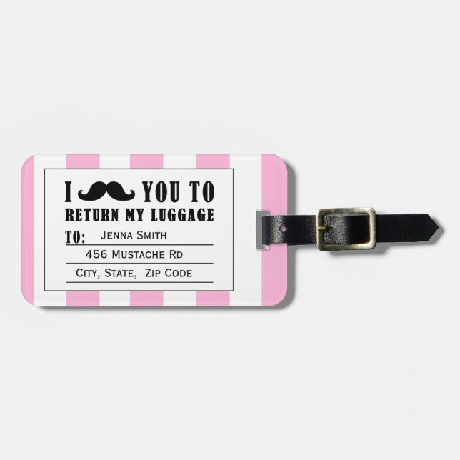 LUSTIGES SCHNURRBART-GEPÄCK-GIRLY ROSA STREIFEN GEPÄCKANHÄNGER (Vorderseite horizontal)