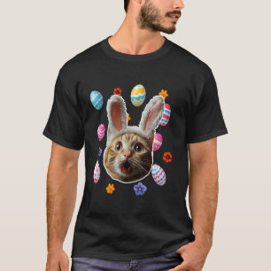 Lustiges Schockkatzengesicht mit Hasenohren Frohe T-Shirt