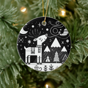 Lustiges Schwarz-Weiß-Rentier-Muster Keramik Ornament