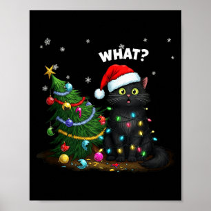 Lustiges schwarzes Katze Schiebt Weihnachtsbaum Ta Poster