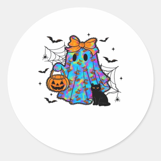 Lustiges schwarzes Katze und Geist Halloween Essen Runder Aufkleber (Vorderseite)