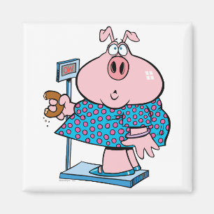 Lustiges Schwein auf Diät, das einen Donut auf ein Magnet