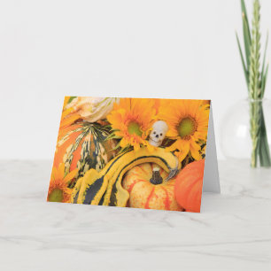 Lustiges Skelett, Kürbis, Sonnenblume, Halloween Karte