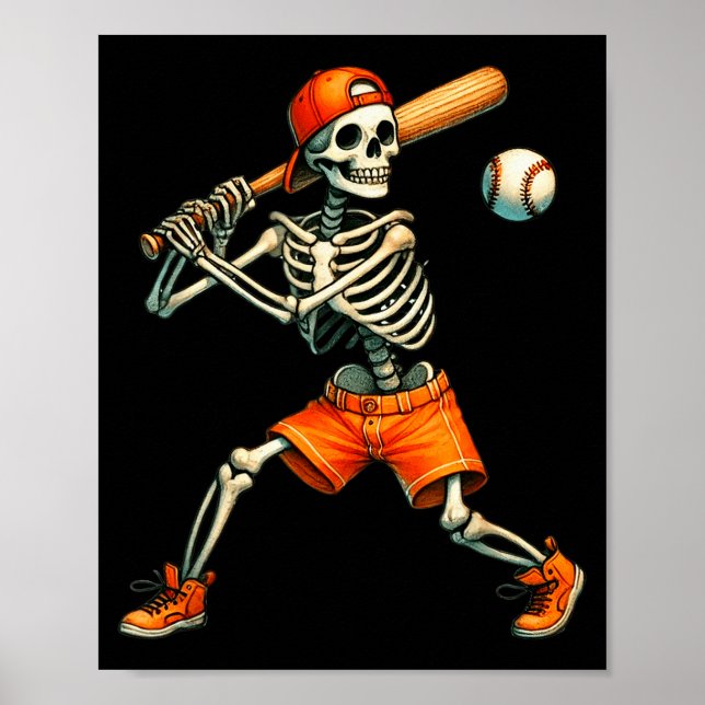 Lustiges Skelett schlägt Baseball Halloween Jungen Poster (Vorne)